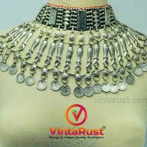 Tribal Choker Necklace With Fish Motifs and Vintage Coins, Afghan Fish Choker